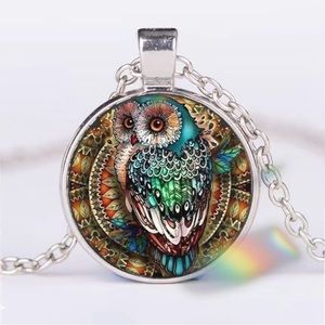Mystical Owl: Colorful Glass Cabochon Pendant and Silver Plated Chain Necklace